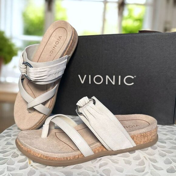 Vionic Landyn Leather Supportive Slide Sandals Cork Orthotic Comfort Women 8 NIB - Picture 5 of 14